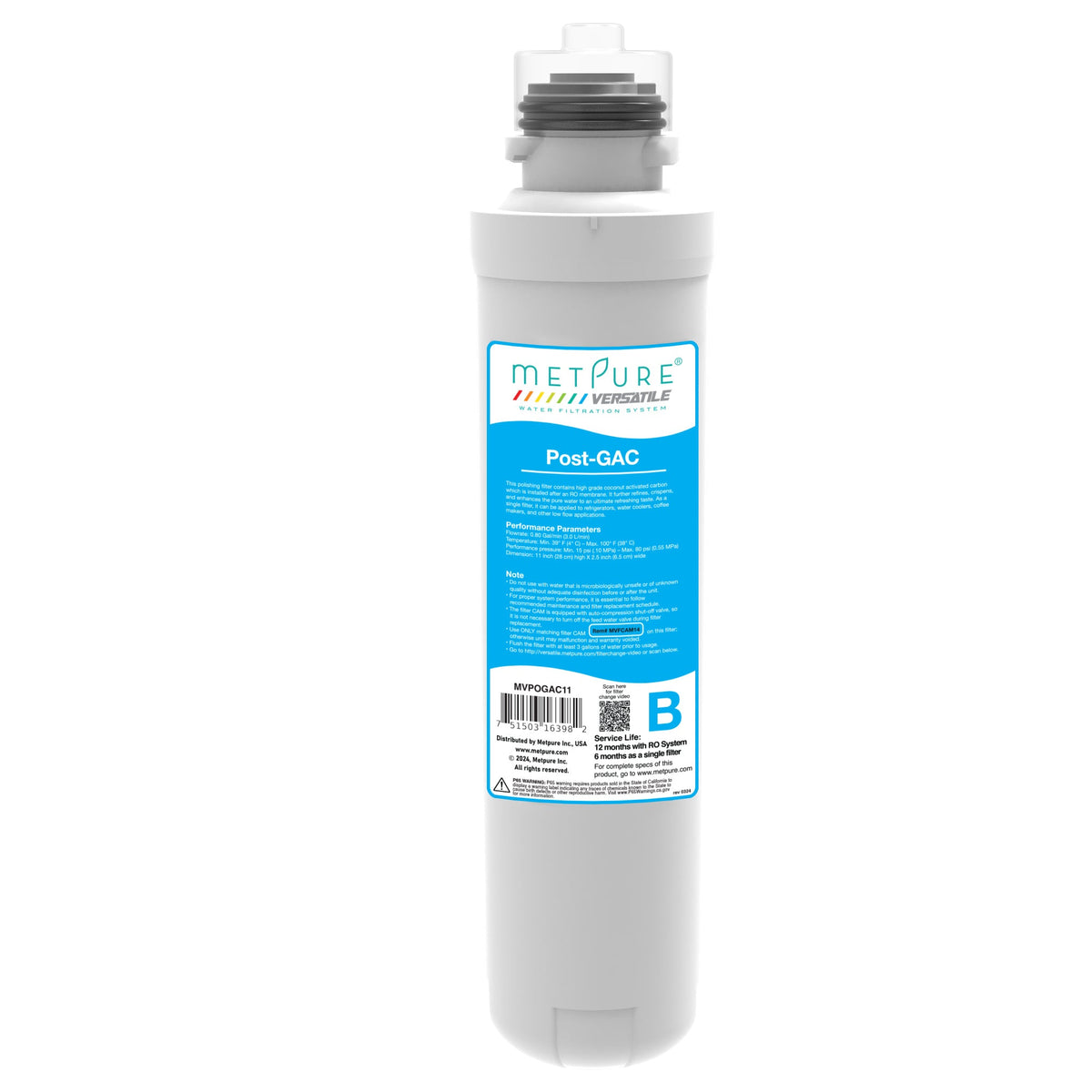 Metpure Versatile lime 100 GPD RO membrane and blue post GAC quick twist replacement filters
