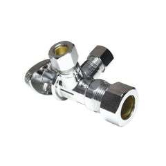 1/4 turn dual compression outlet angle stop valve, 1/2 inch NOM inlet x 3/8 inch x 3/8 inch compression