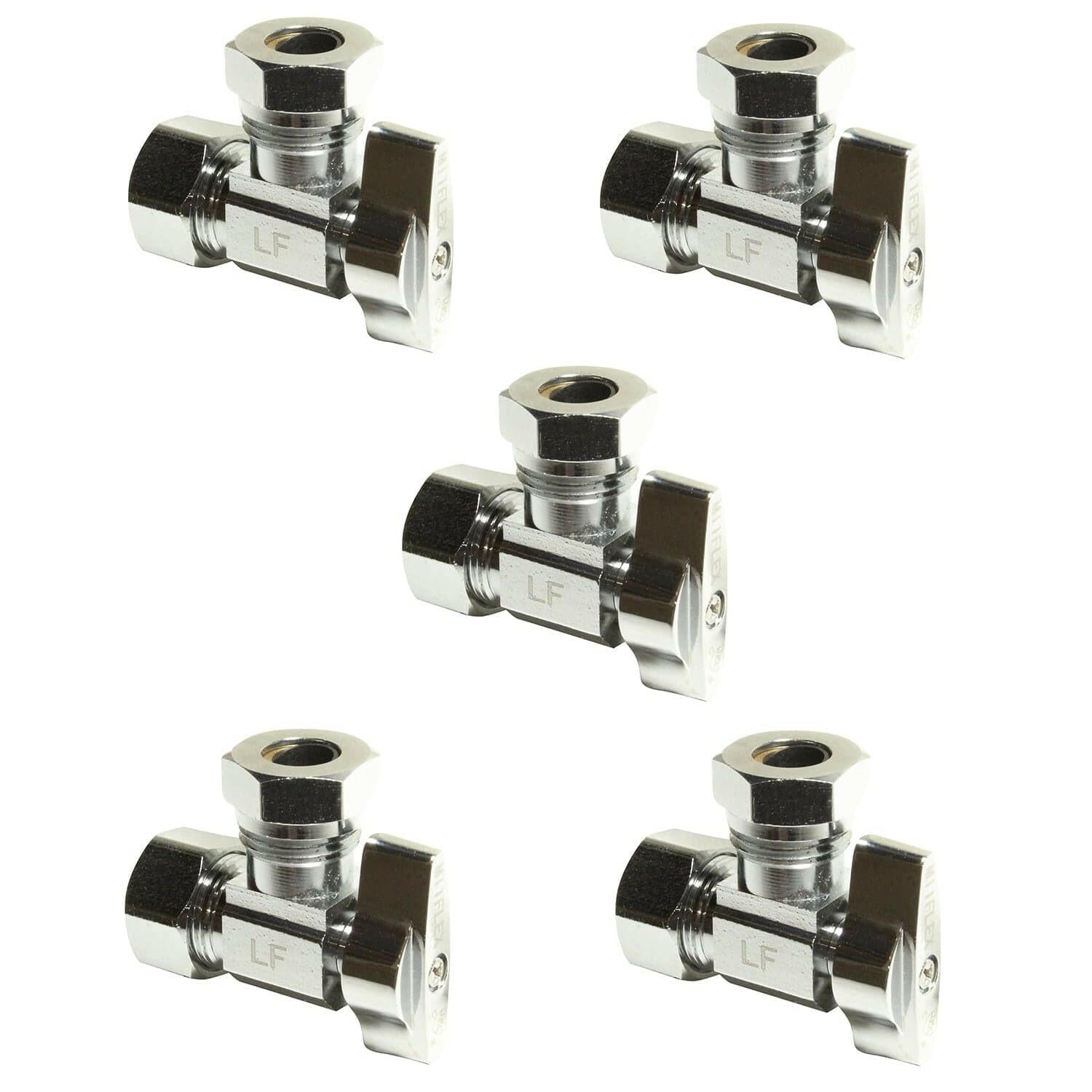 Heavy Duty 1/2 in. NOM Comp Inlet x 7/16 in. - 1/2 in. OD Slip Joint Outlet Chrome Plated Brass 1/4 Turn Squared Body Angle Valve (5 Pack)