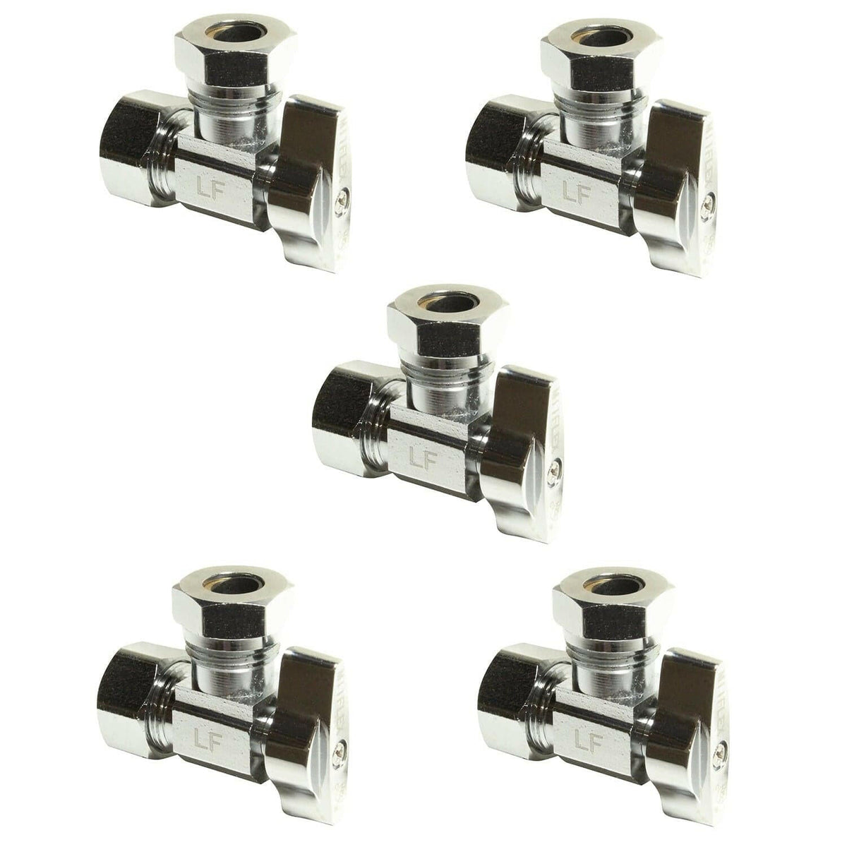Heavy duty 1/2 inch NOM comp x 7/16 inch - 1/2 inch OD slip joint chrome brass 1/4 turn squared body angle valve (5 Pack)