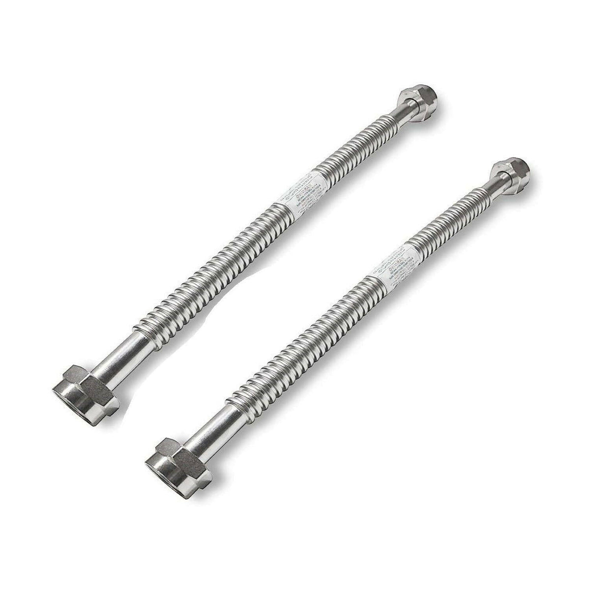 Two 18 inch x 1 inch FIP corrugated stainless steel water heater flex connectors