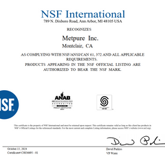 NSF certificate for Metpure Anaqua reverse osmosis faucets