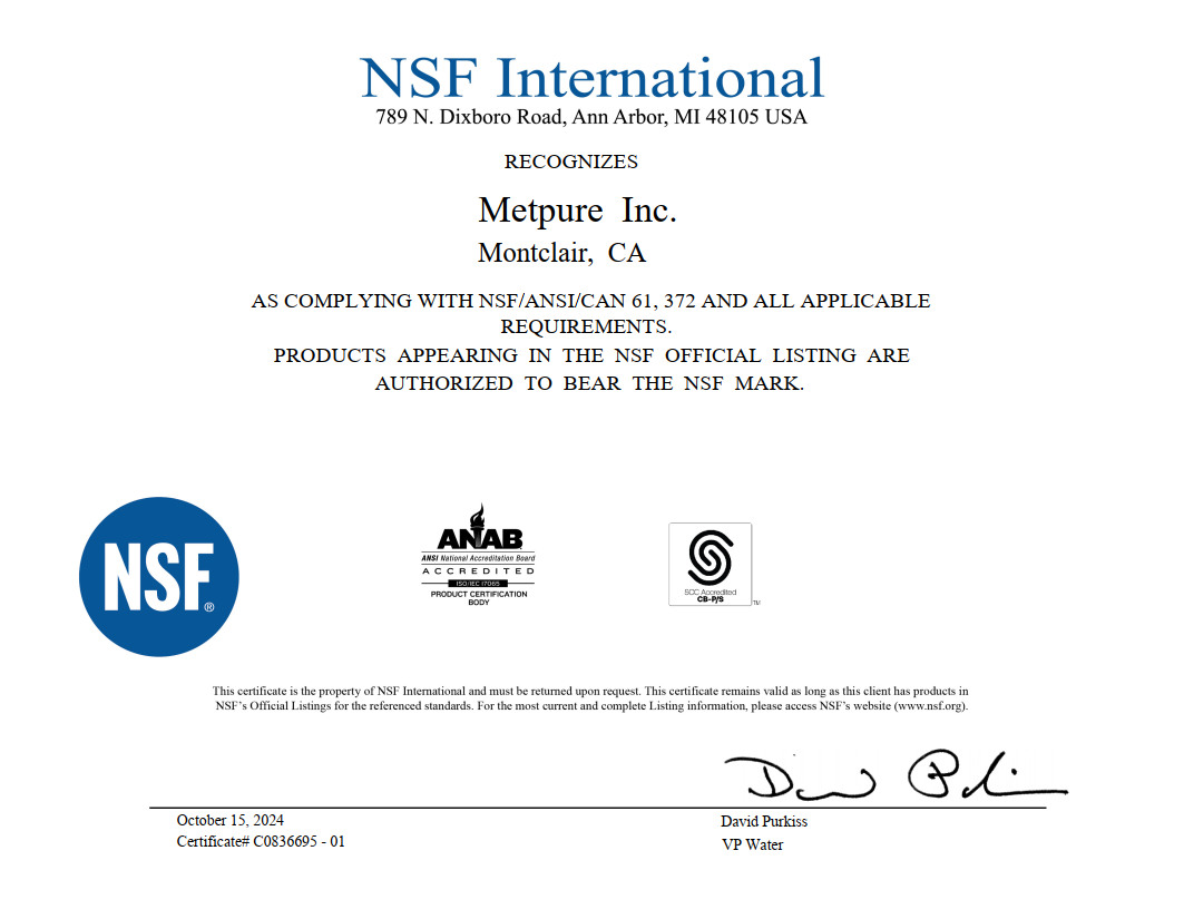 NSF certificate for Metpure Anaqua reverse osmosis faucets