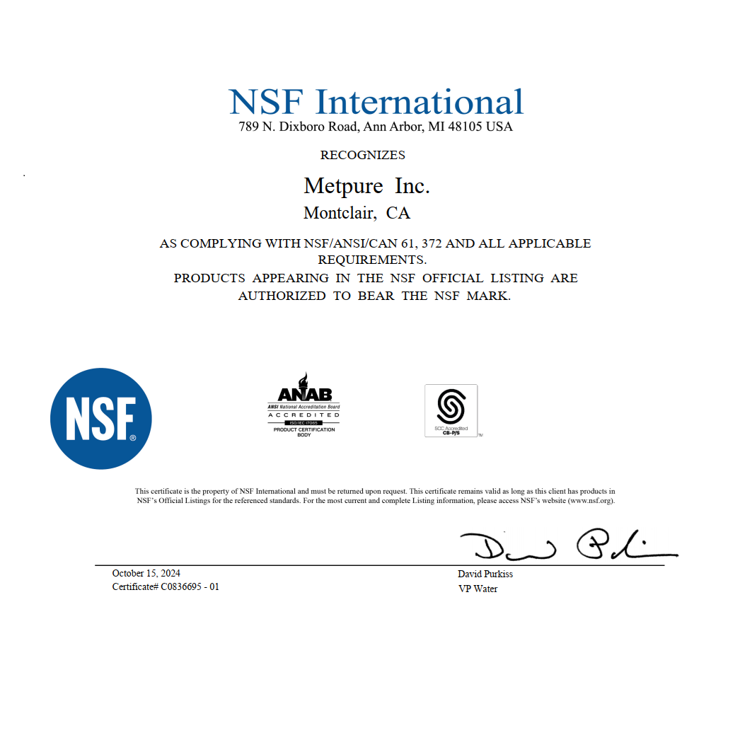 NSF certificate for Metpure Anaqua reverse osmosis faucets