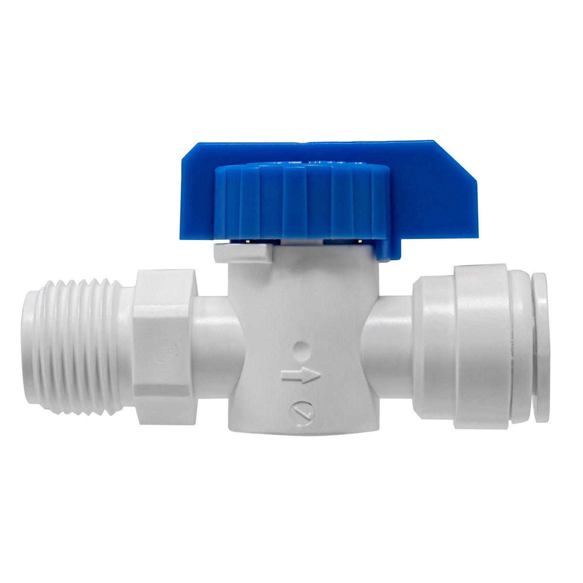 White 3/8 inch OD quick connect x 3/8 inch male thread inline ball valve
