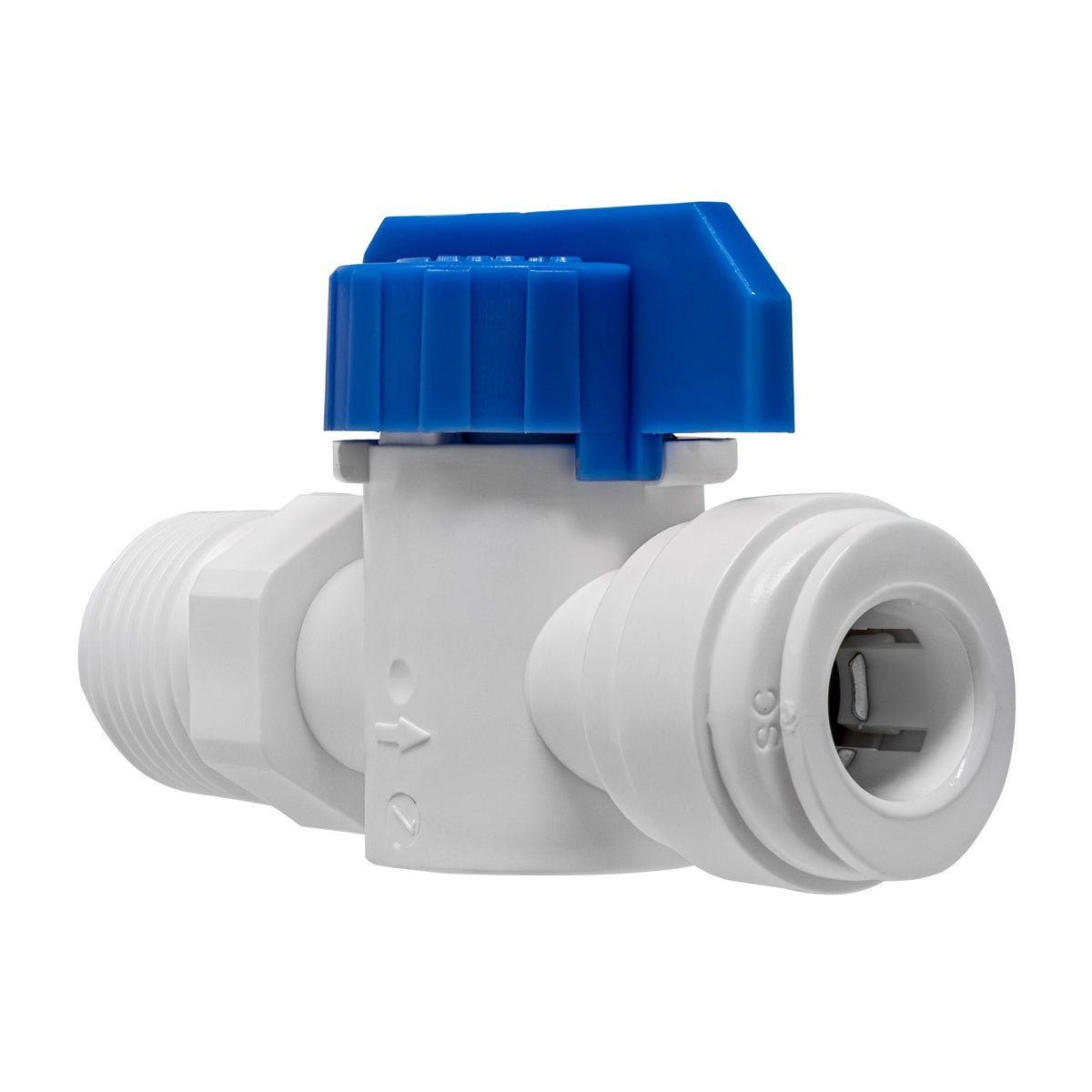 White 3/8 inch OD quick connect x 3/8 inch male thread inline ball valve