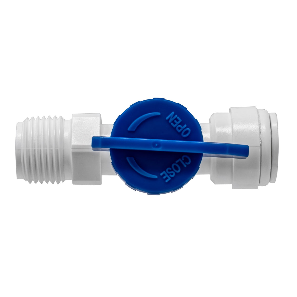 White 3/8 inch OD quick connect x 3/8 inch male thread inline ball valve
