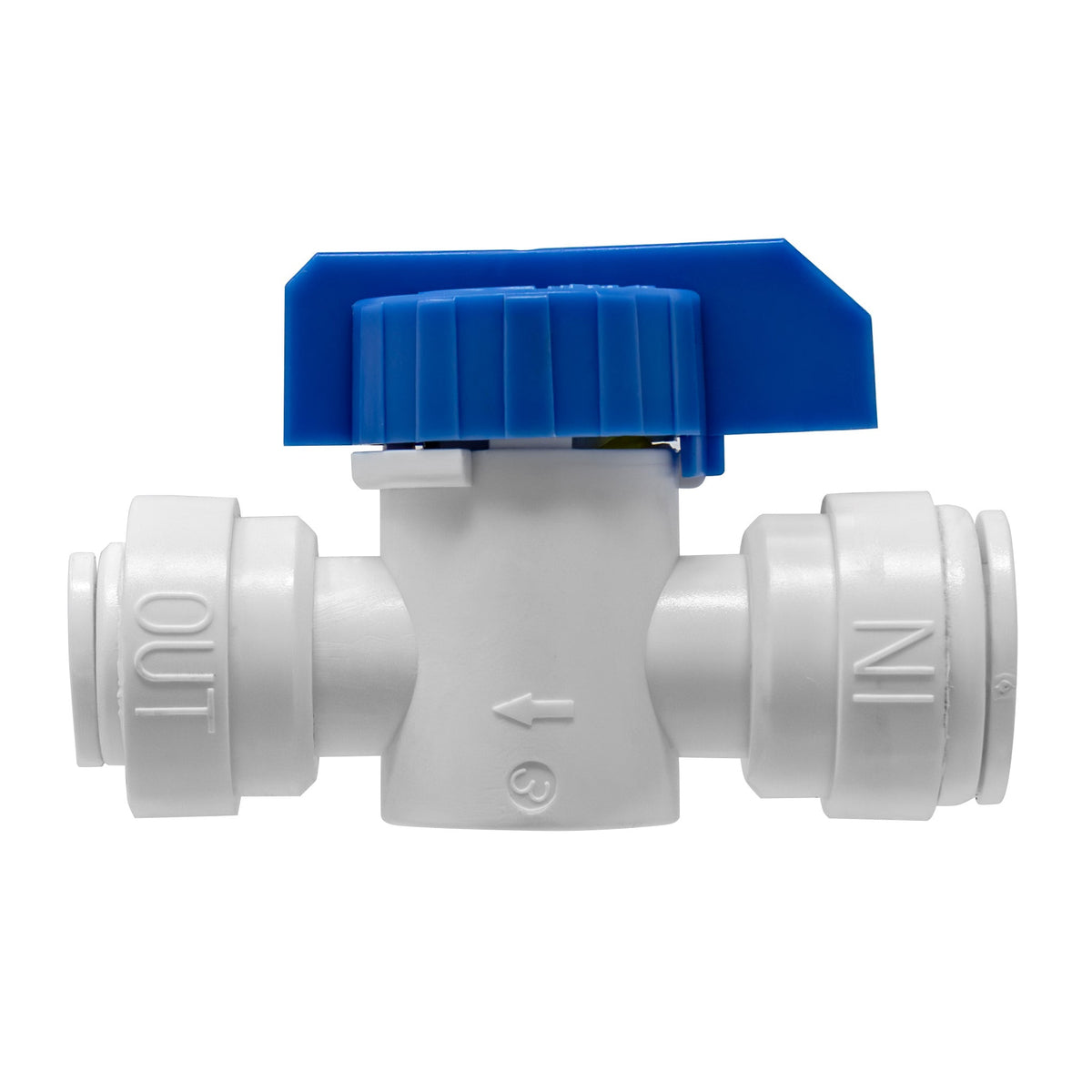 White 3/8 inch OD x 1/4 inch OD quick connect straight inline ball valve