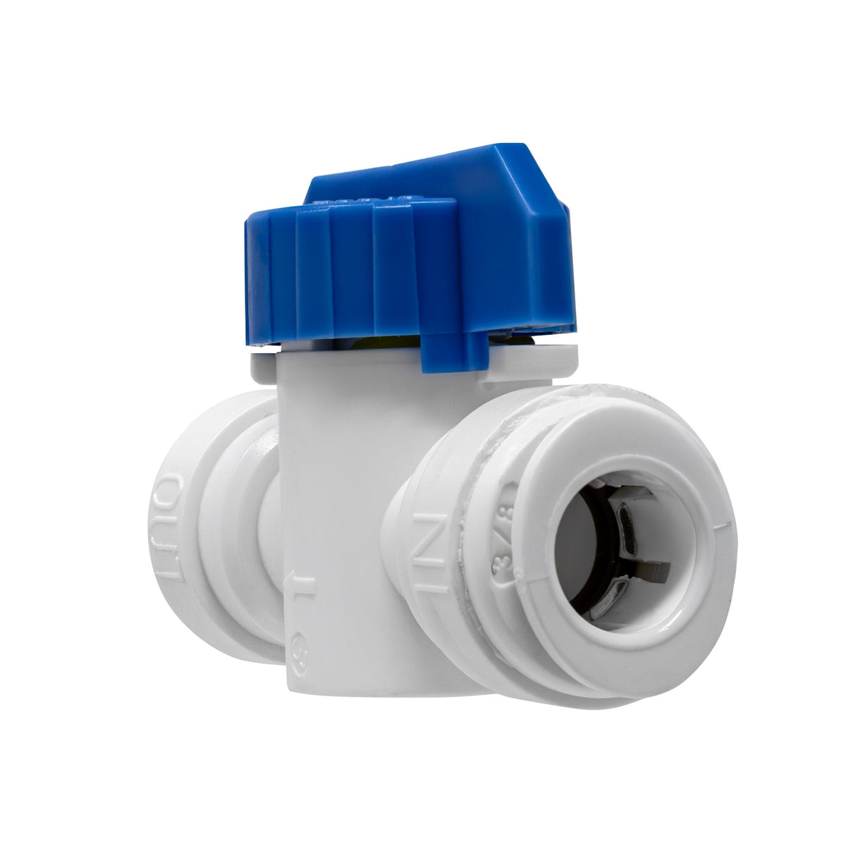 White 3/8 inch OD x 1/4 inch OD quick connect straight inline ball valve