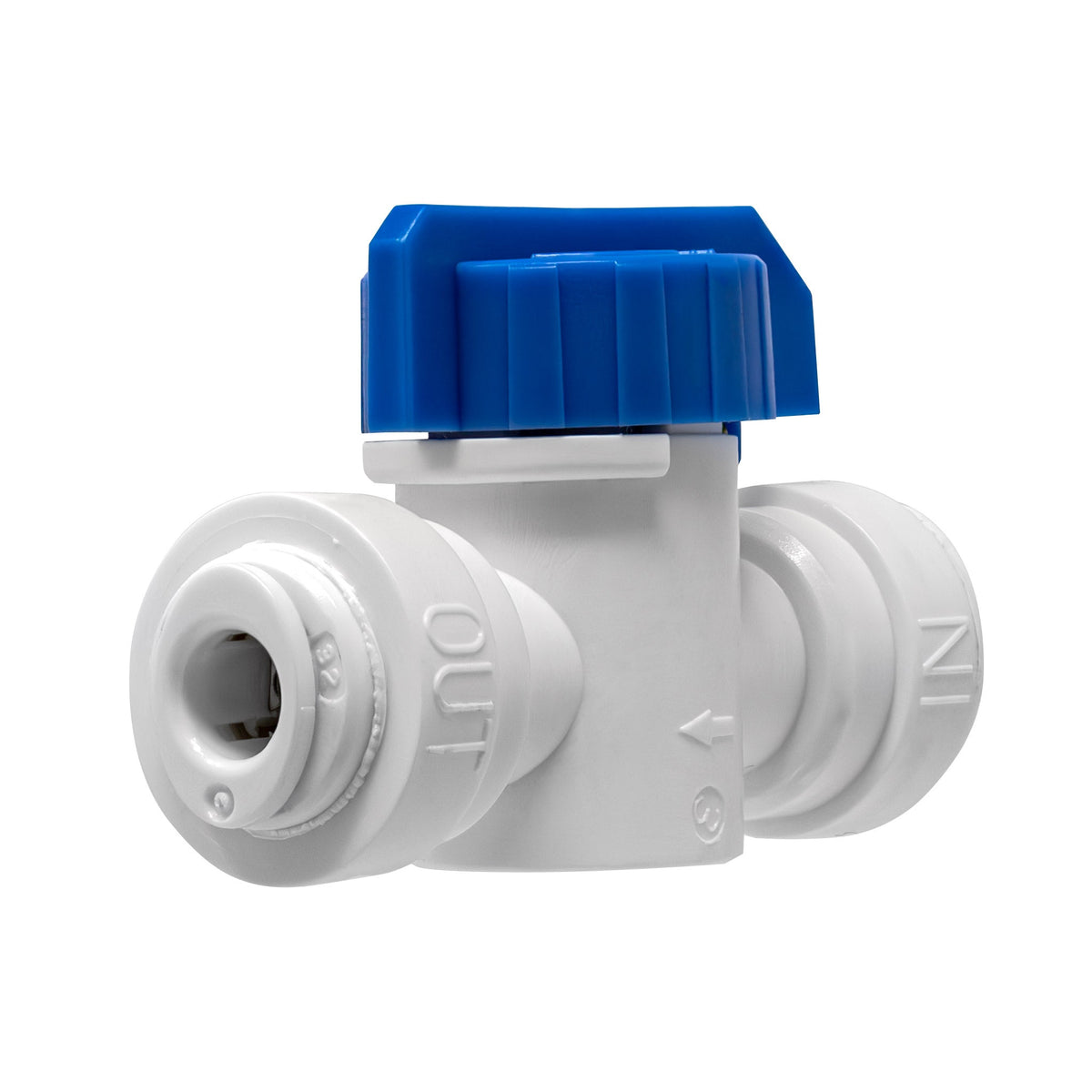 White 3/8 inch OD x 1/4 inch OD quick connect straight inline ball valve