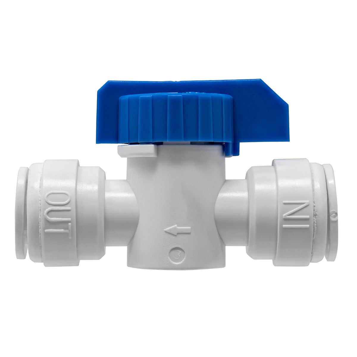 White 3/8 inch OD x 3/8 inch OD quick connect straight inline ball valve