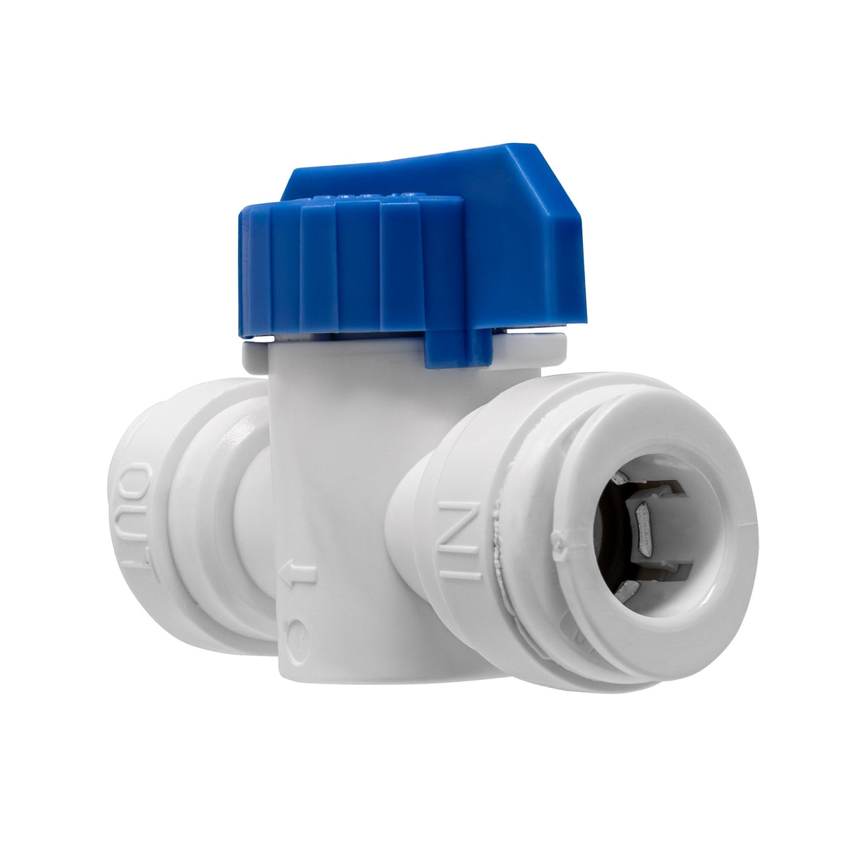 White 3/8 inch OD x 3/8 inch OD quick connect straight inline ball valve