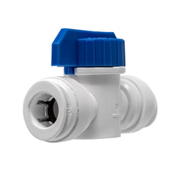 White 3/8 inch OD x 3/8 inch OD quick connect straight inline ball valve