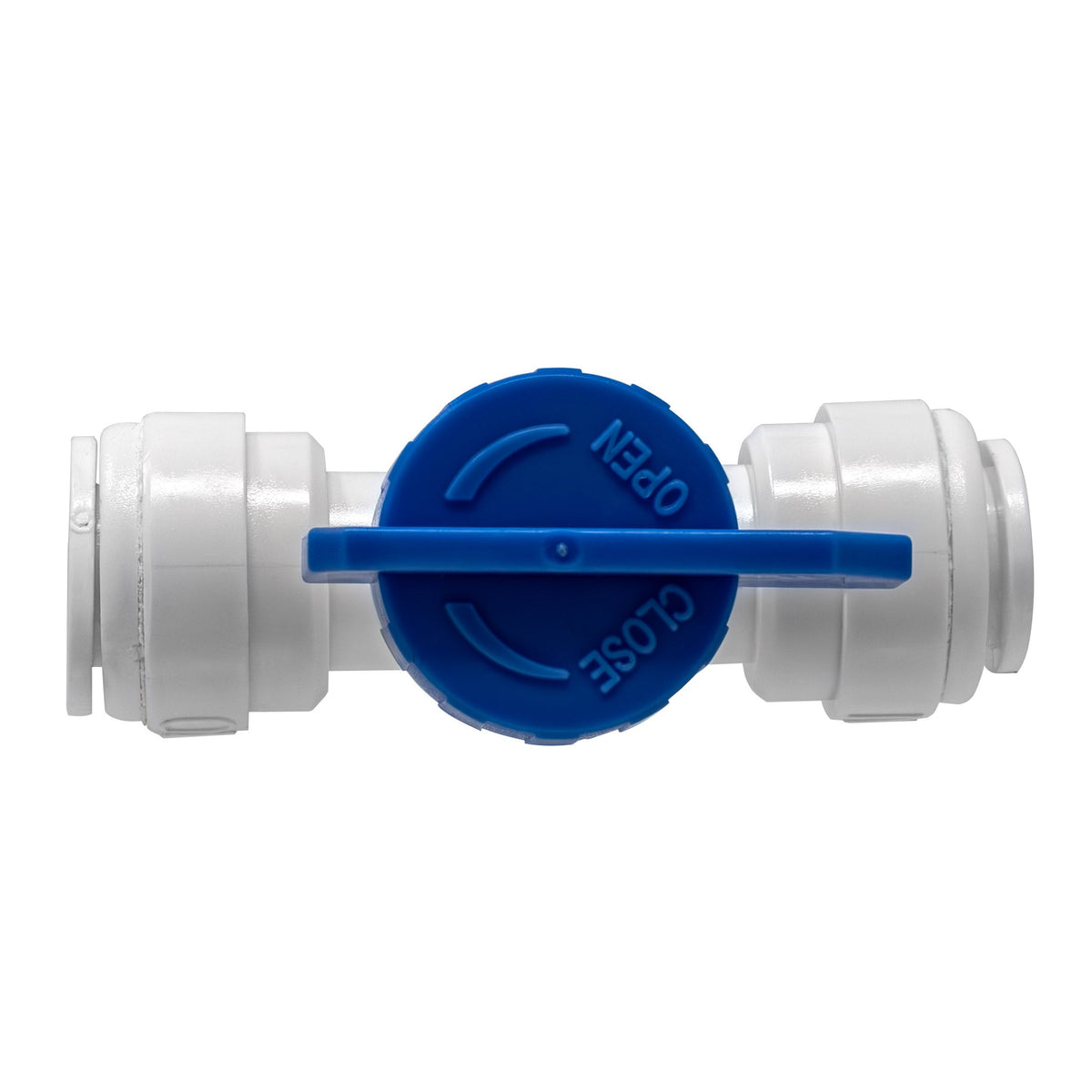 White 3/8 inch OD x 1/4 inch OD quick connect straight inline ball valve