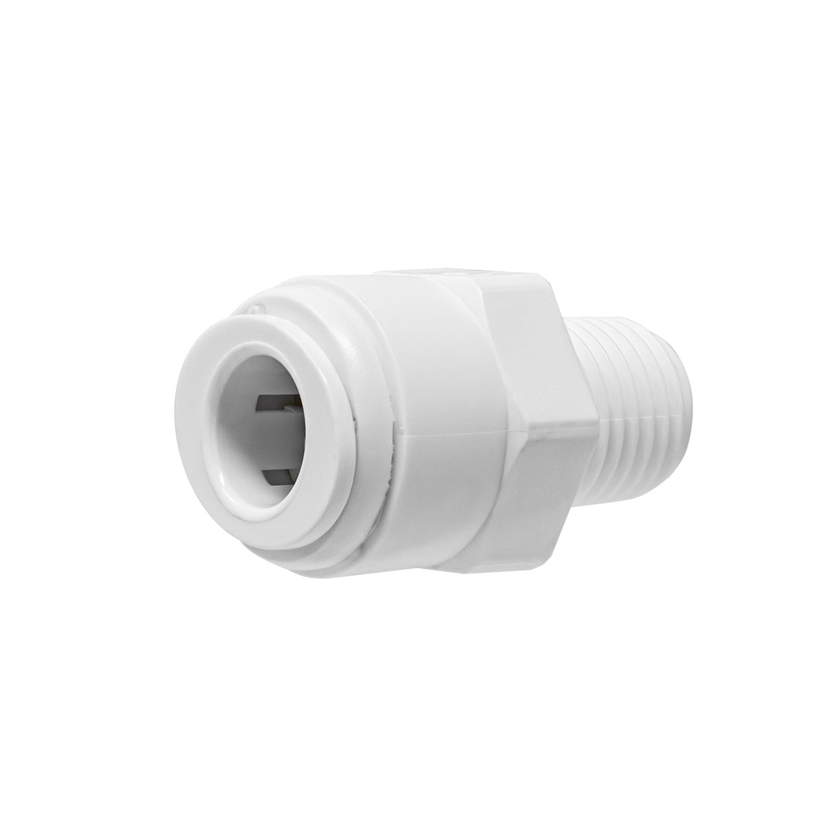 White 3/8 inch OD quick connect x 1/4 inch male thread adapter