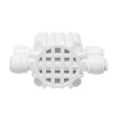 White 4 port auto shut off valve with 1/4 inch OD quick connect ports for RO system - view 2