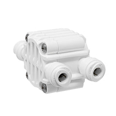 White 4 port auto shut off valve with 1/4 inch OD quick connect ports for RO system - view 3