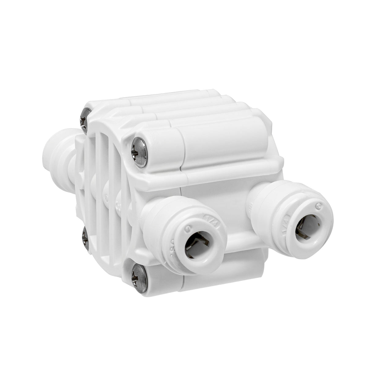 White 4 port auto shut off valve with 1/4 inch OD quick connect ports for RO system - view 3