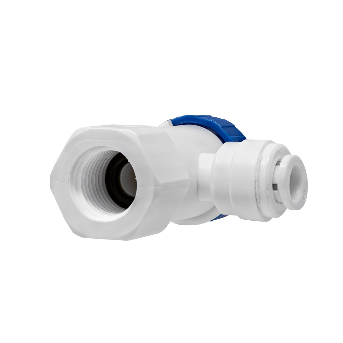 RO storage tank ball valve, 1/4 inch female thread x 1/4 inch OD quick connect