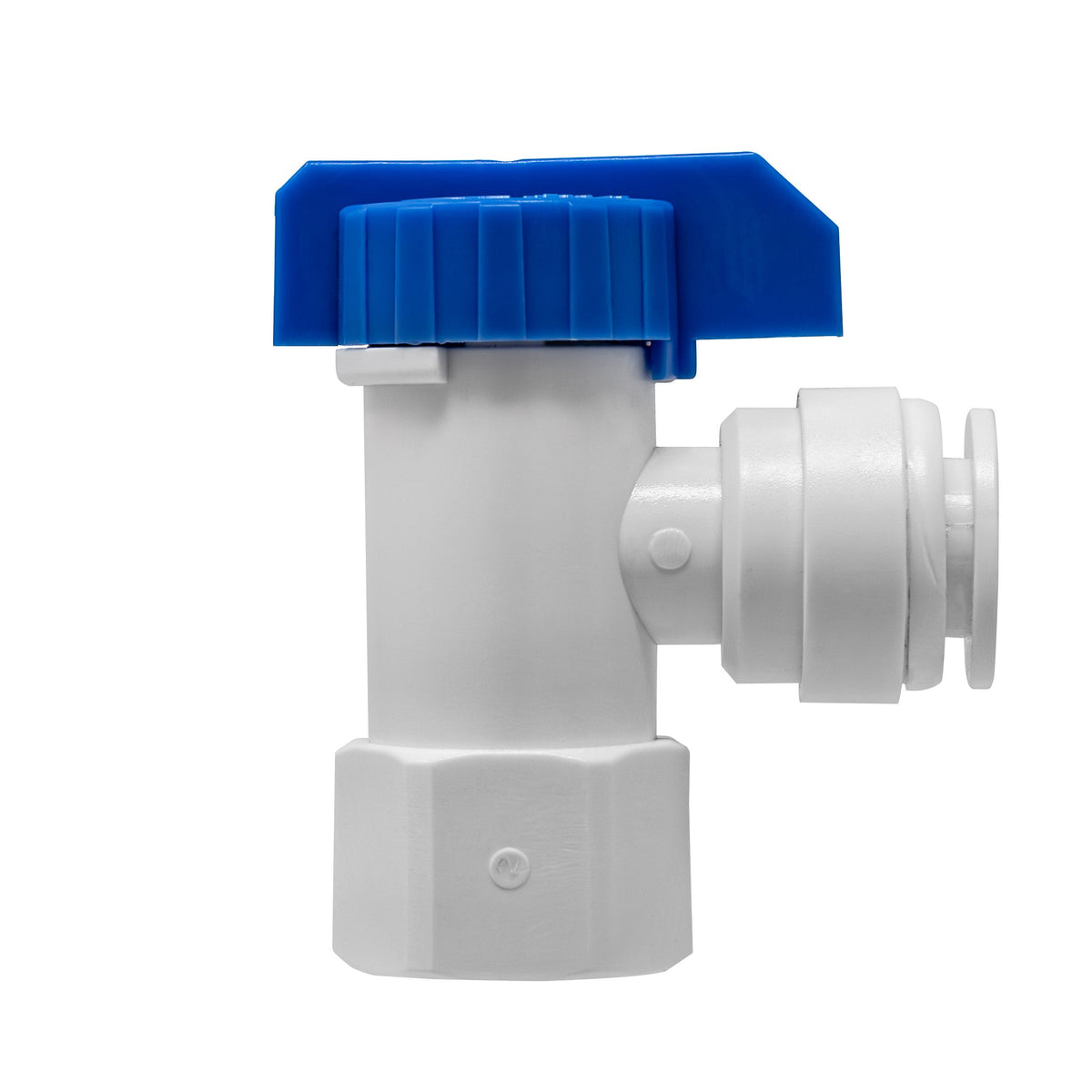 White 1/4 inch female NPT x 3/8 inch OD quick connect RO tank ball valve