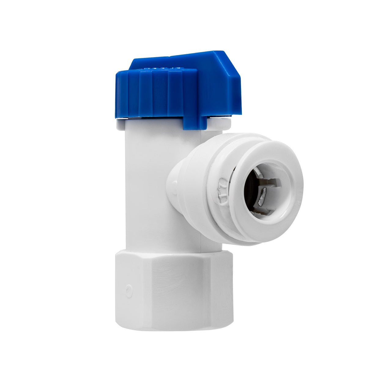 White 1/4 inch female NPT x 3/8 inch OD quick connect RO tank ball valve