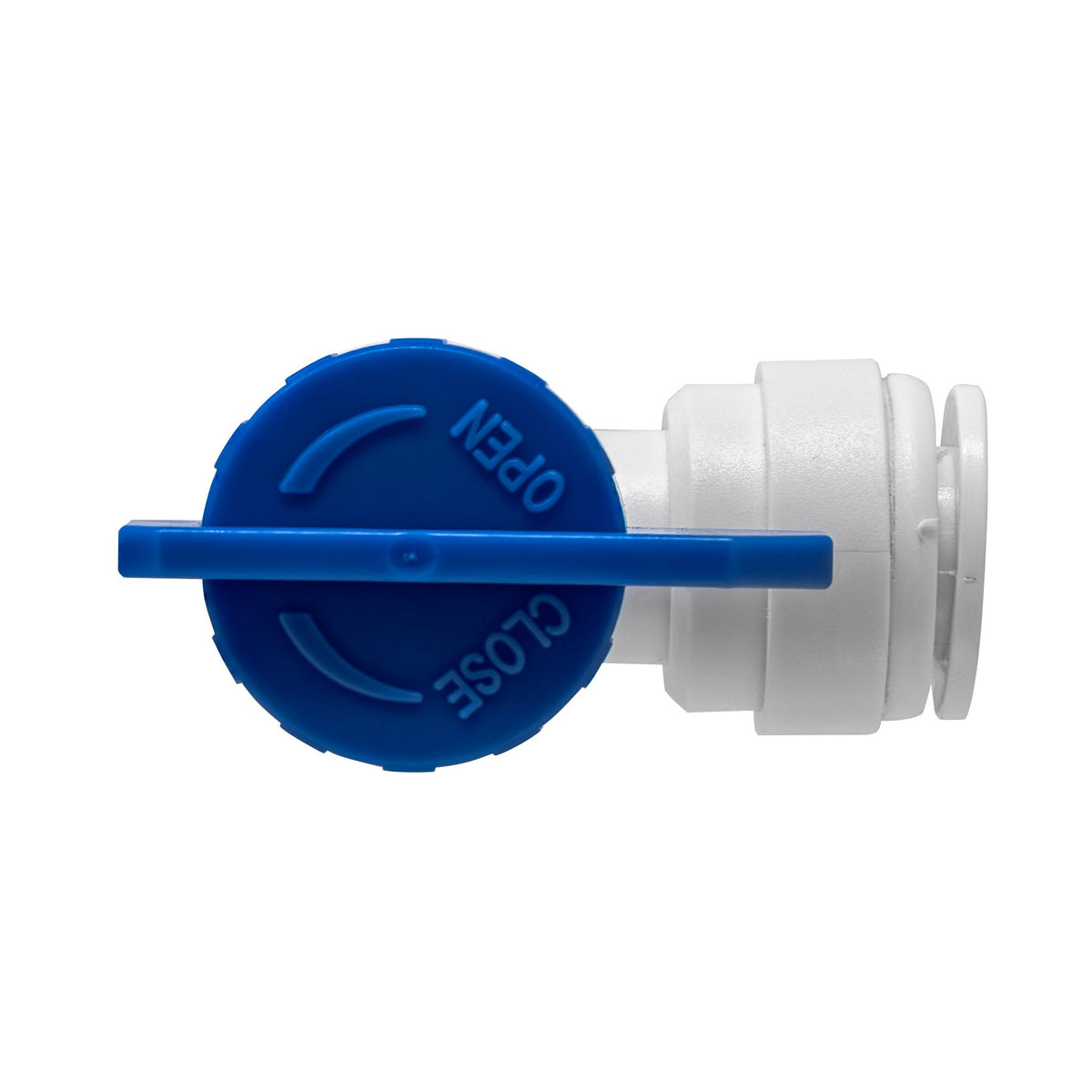 White 1/4 inch female NPT x 3/8 inch OD quick connect RO tank ball valve