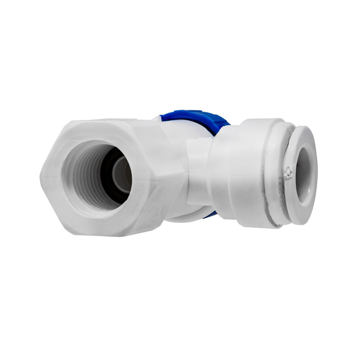 White 1/4 inch female NPT x 3/8 inch OD quick connect RO tank ball valve