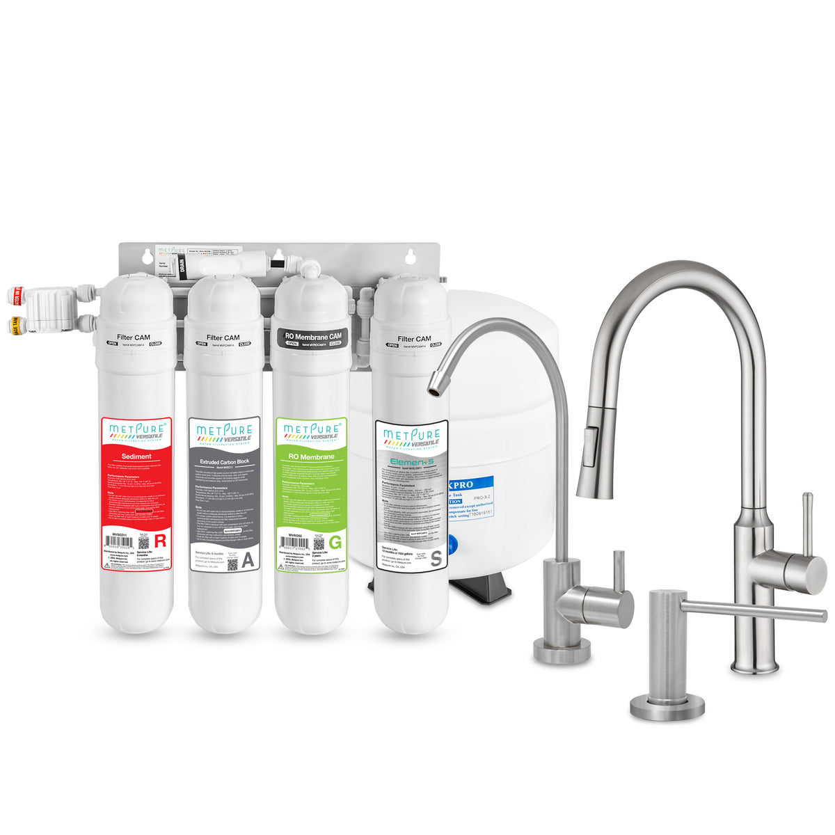 Metpure Perfect Match alkaline water filtration kit with MV4-RAGS reverse osmosis system, RO faucet, kitchen faucet and soap dispenser