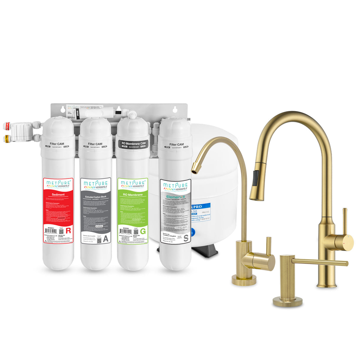 Metpure Perfect Match alkaline water filtration kit with MV4-RAGS reverse osmosis system, RO faucet, kitchen faucet and soap dispenser