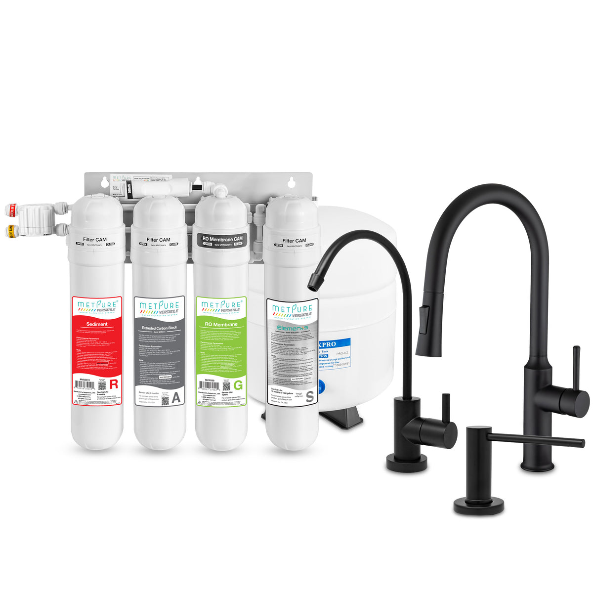 Metpure Perfect Match alkaline water filtration kit with MV4-RAGS reverse osmosis system, RO faucet, kitchen faucet and soap dispenser