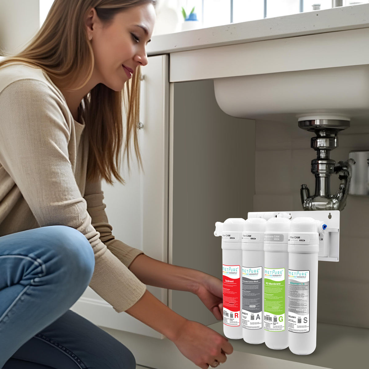 Metpure Perfect Match alkaline water filtration kit with MV4-RAGS reverse osmosis system, RO faucet, kitchen faucet and soap dispenser
