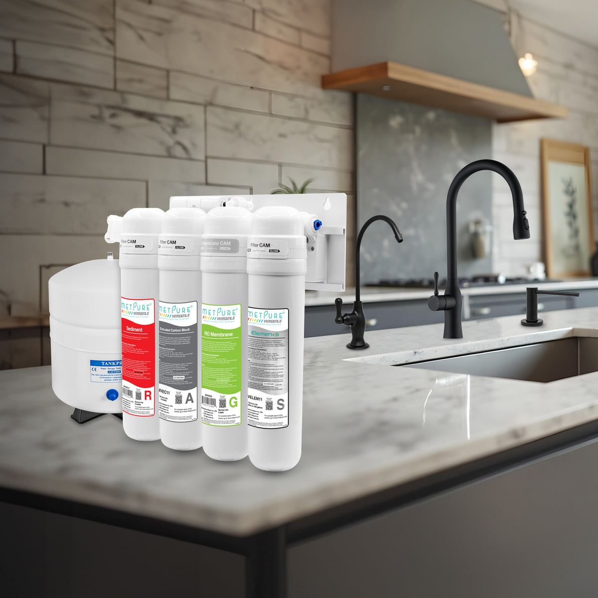 Metpure Perfect Match alkaline water filtration kit with MV4-RAGS reverse osmosis system, RO faucet, kitchen faucet and soap dispenser