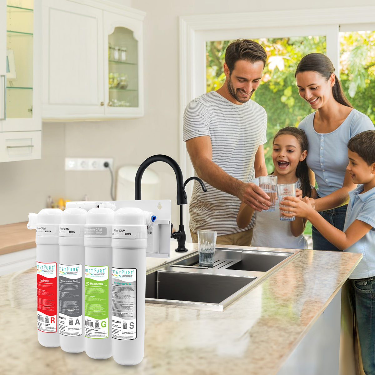 Metpure Perfect Match alkaline water filtration kit with MV4-RAGS reverse osmosis system, RO faucet, kitchen faucet and soap dispenser