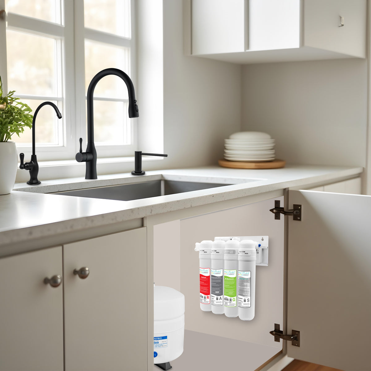 Metpure Perfect Match alkaline water filtration kit with MV4-RAGS reverse osmosis system, RO faucet, kitchen faucet and soap dispenser