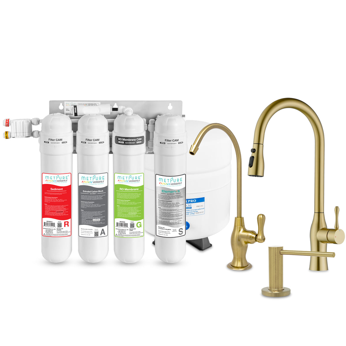 Metpure Perfect Match alkaline water filtration kit with MV4-RAGS reverse osmosis system, RO faucet, kitchen faucet and soap dispenser