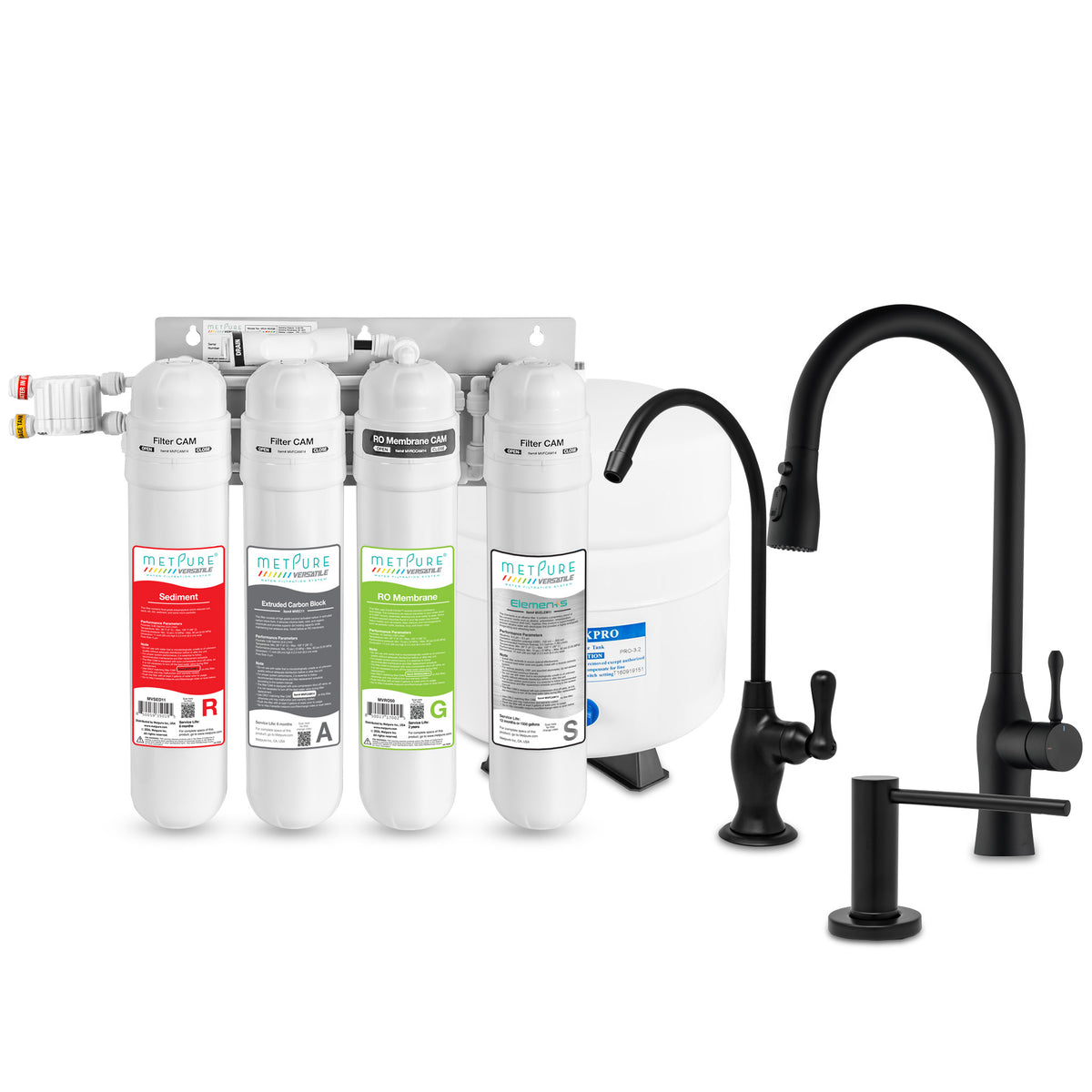 Metpure Perfect Match alkaline water filtration kit with MV4-RAGS reverse osmosis system, RO faucet, kitchen faucet and soap dispenser