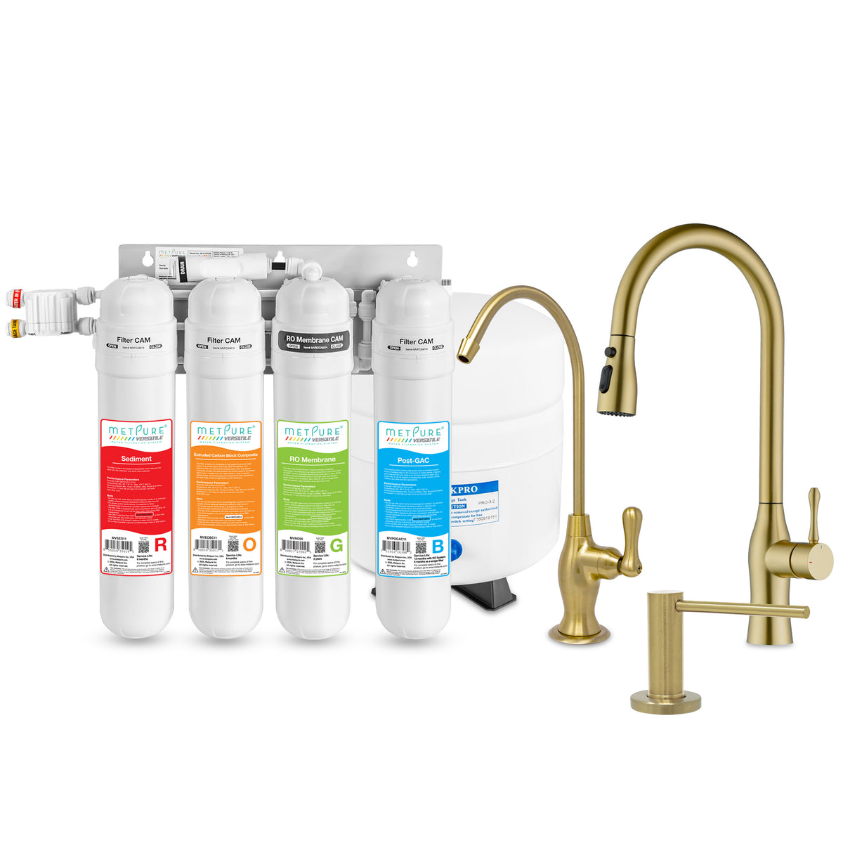 Metpure Perfect Match water purification kit with MV4-ROGB reverse osmosis system, RO faucet, kitchen faucet and soap dispenser