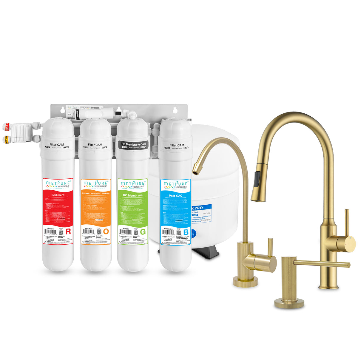 Metpure Perfect Match water purification kit with MV4-ROGB reverse osmosis system, RO faucet, kitchen faucet and soap dispenser