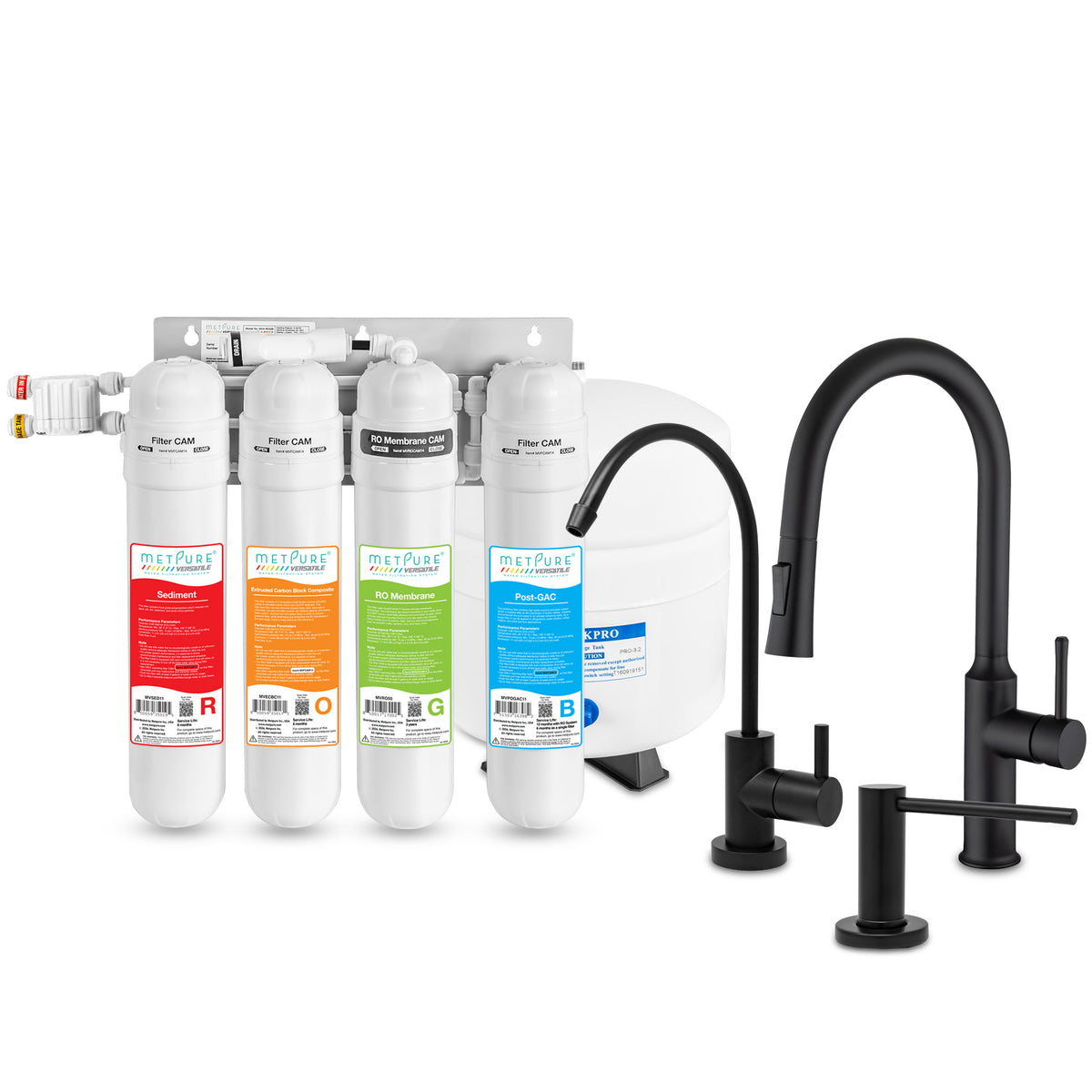 Metpure Perfect Match water purification kit with MV4-ROGB reverse osmosis system, RO faucet, kitchen faucet and soap dispenser