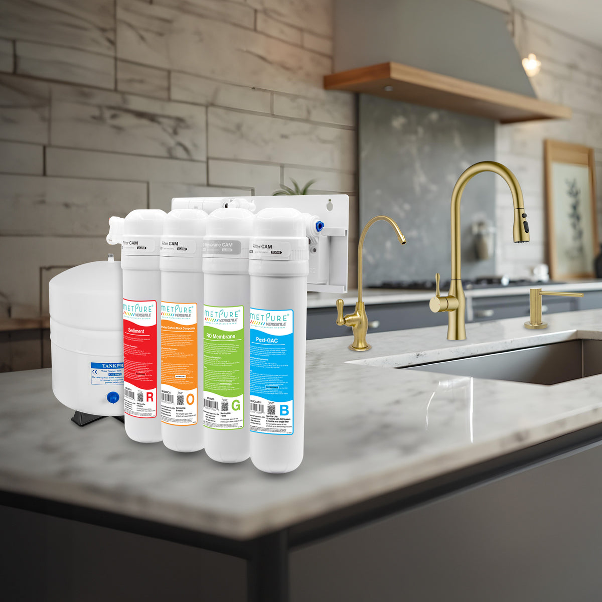 Metpure Perfect Match water purification kit with MV4-ROGB reverse osmosis system, RO faucet, kitchen faucet and soap dispenser