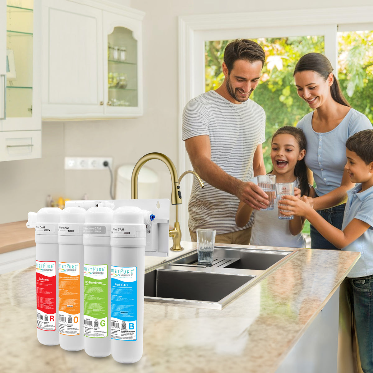 Metpure Perfect Match water purification kit with MV4-ROGB reverse osmosis system, RO faucet, kitchen faucet and soap dispenser