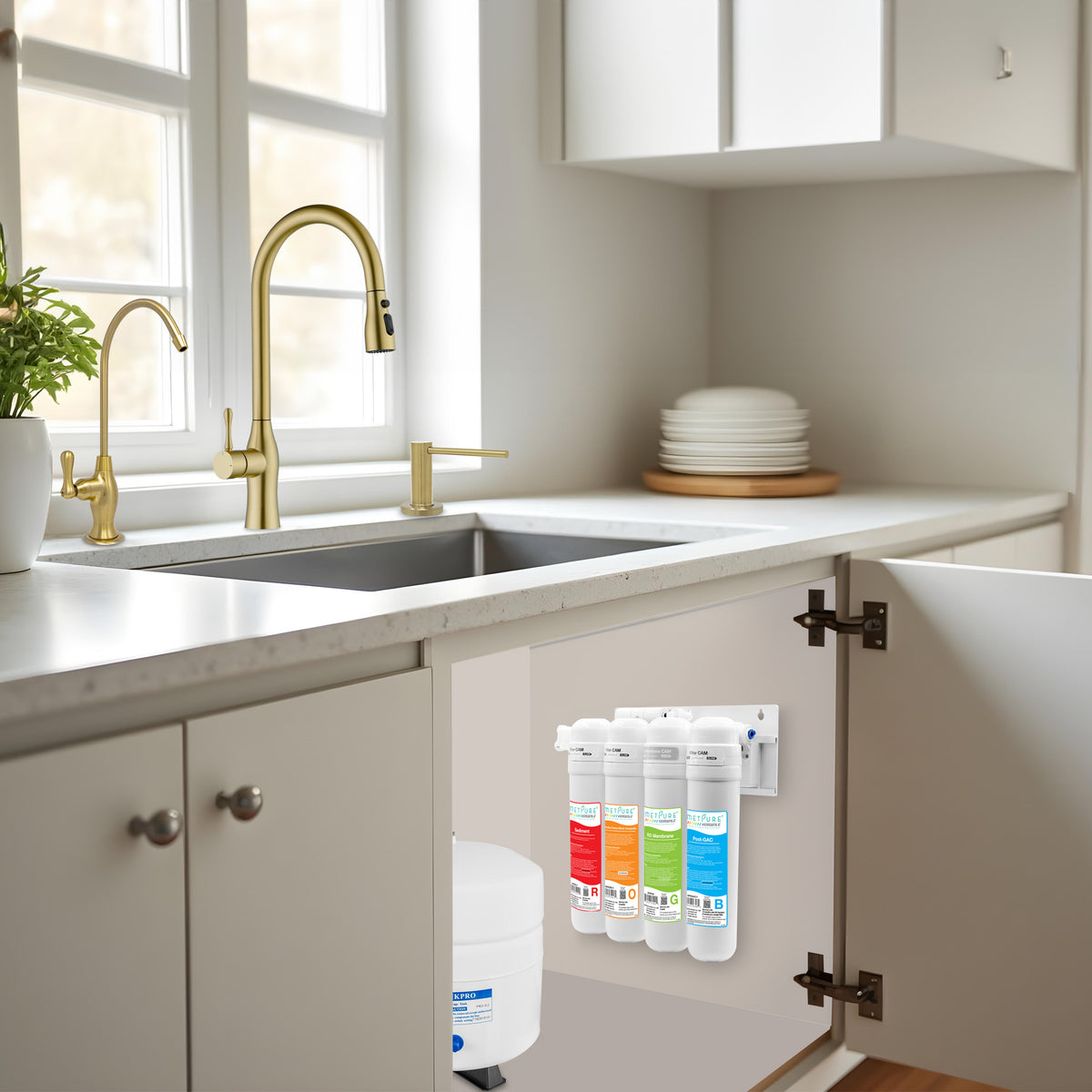 Metpure Perfect Match water purification kit with MV4-ROGB reverse osmosis system, RO faucet, kitchen faucet and soap dispenser