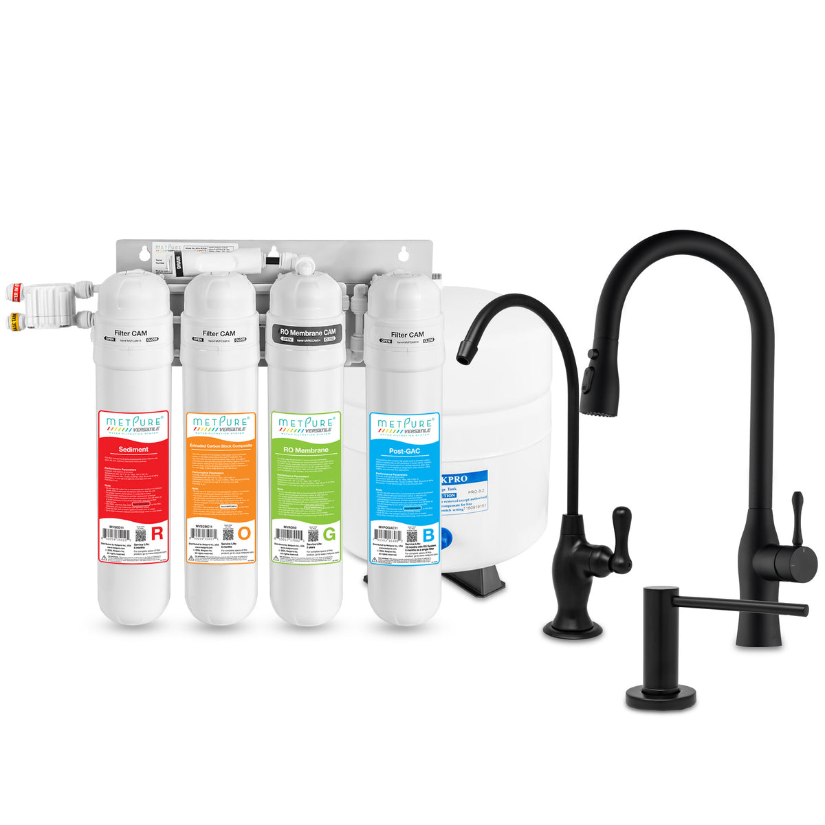 Metpure Perfect Match water purification kit with MV4-ROGB reverse osmosis system, RO faucet, kitchen faucet and soap dispenser