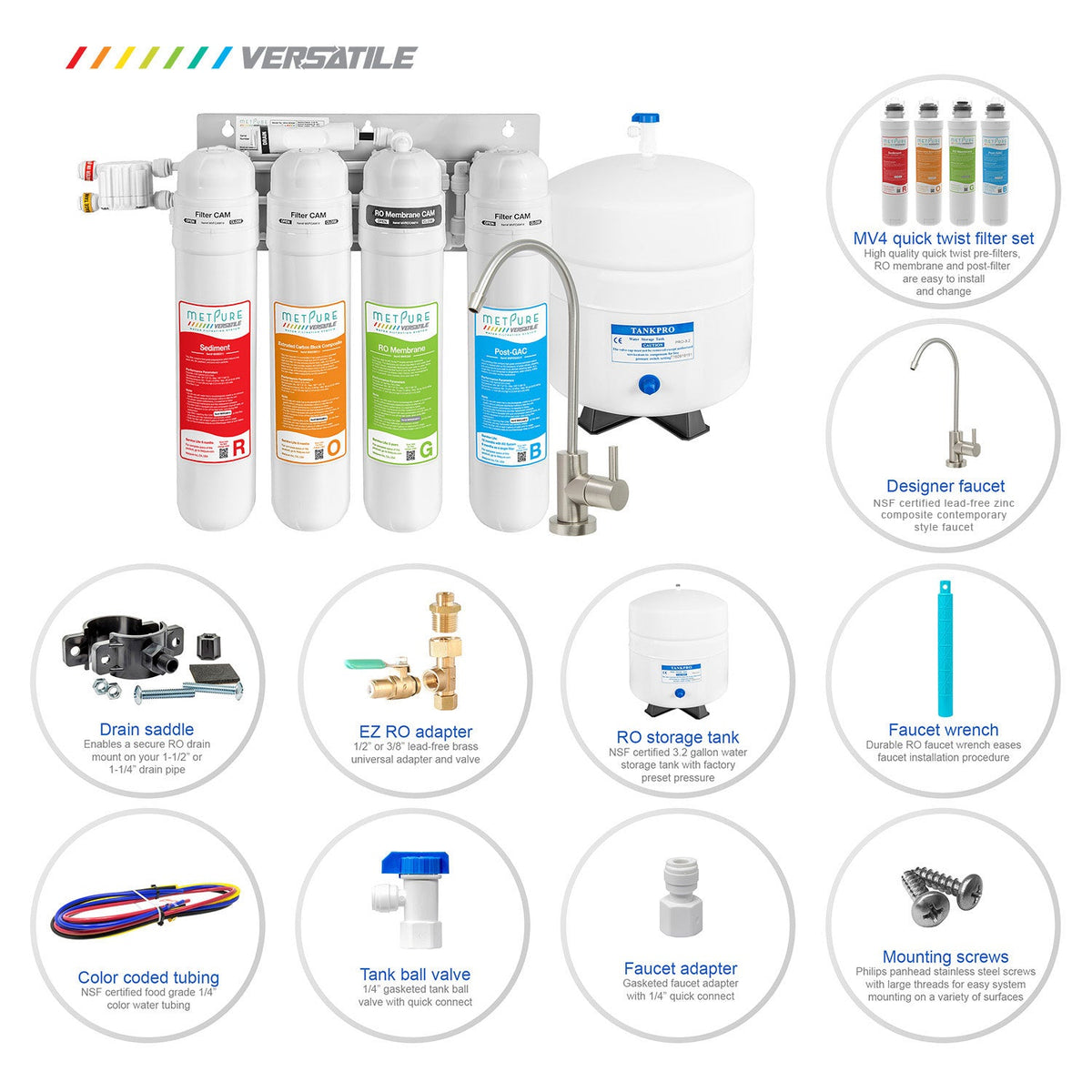 Metpure Versatile MV4-ROGB 4 stage reverse osmosis water filtration system with faucet and tank