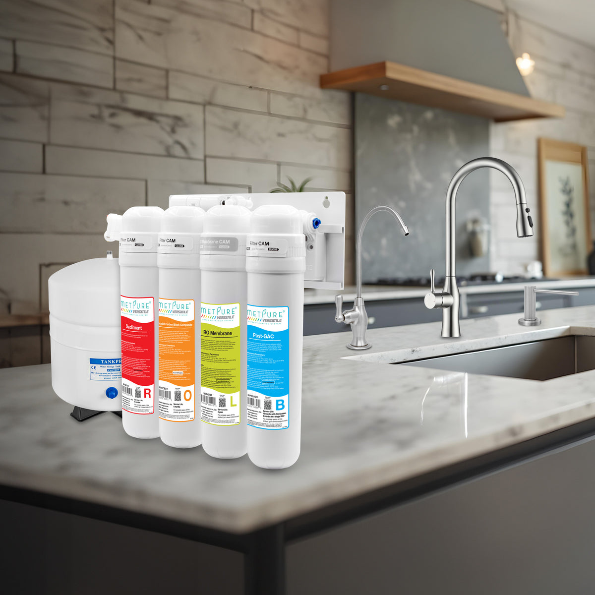 Metpure Perfect Match high-speed water filtration kit with MV4-ROLB reverse osmosis system, RO faucet, kitchen faucet and soap dispenser