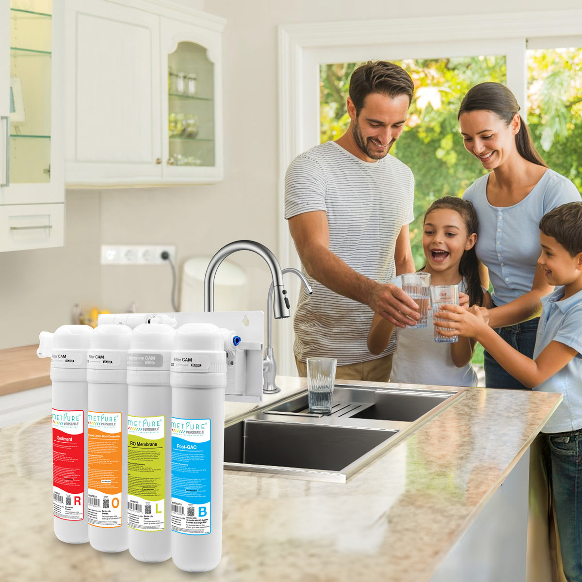 Metpure Perfect Match high-speed water filtration kit with MV4-ROLB reverse osmosis system, RO faucet, kitchen faucet and soap dispenser
