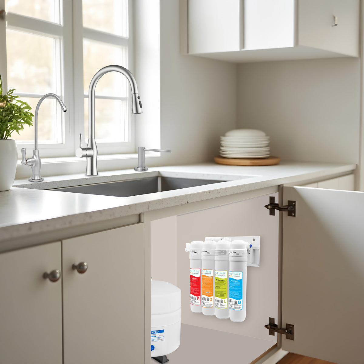 Metpure Perfect Match high-speed water filtration kit with MV4-ROLB reverse osmosis system, RO faucet, kitchen faucet and soap dispenser