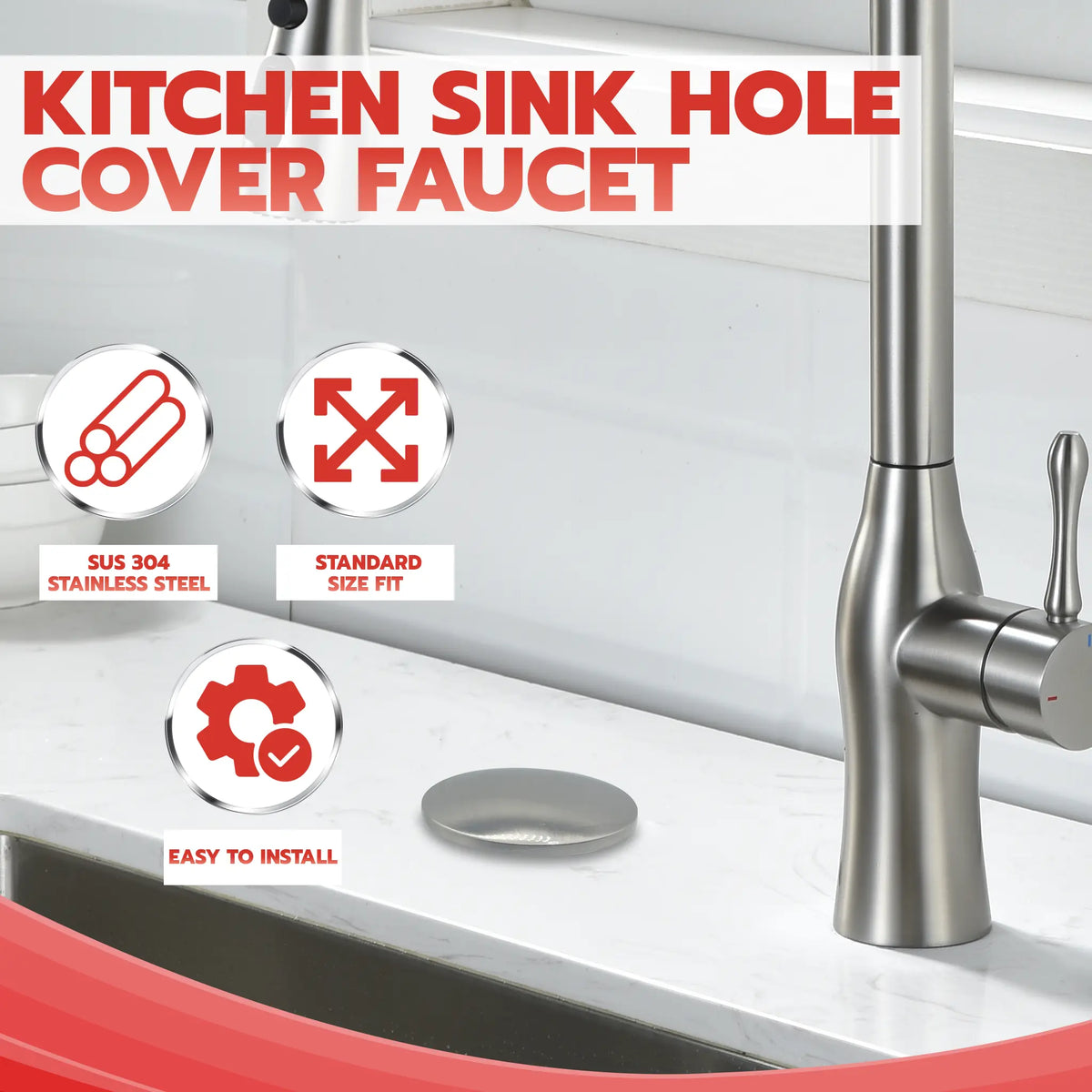 Metpure 2 inch stainless steel kitchen sink faucet hole cover with rubber gasket