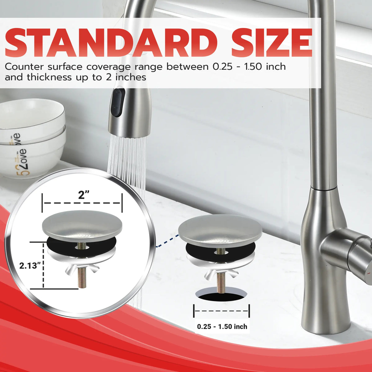 Metpure 2 inch stainless steel kitchen sink faucet hole cover with rubber gasket