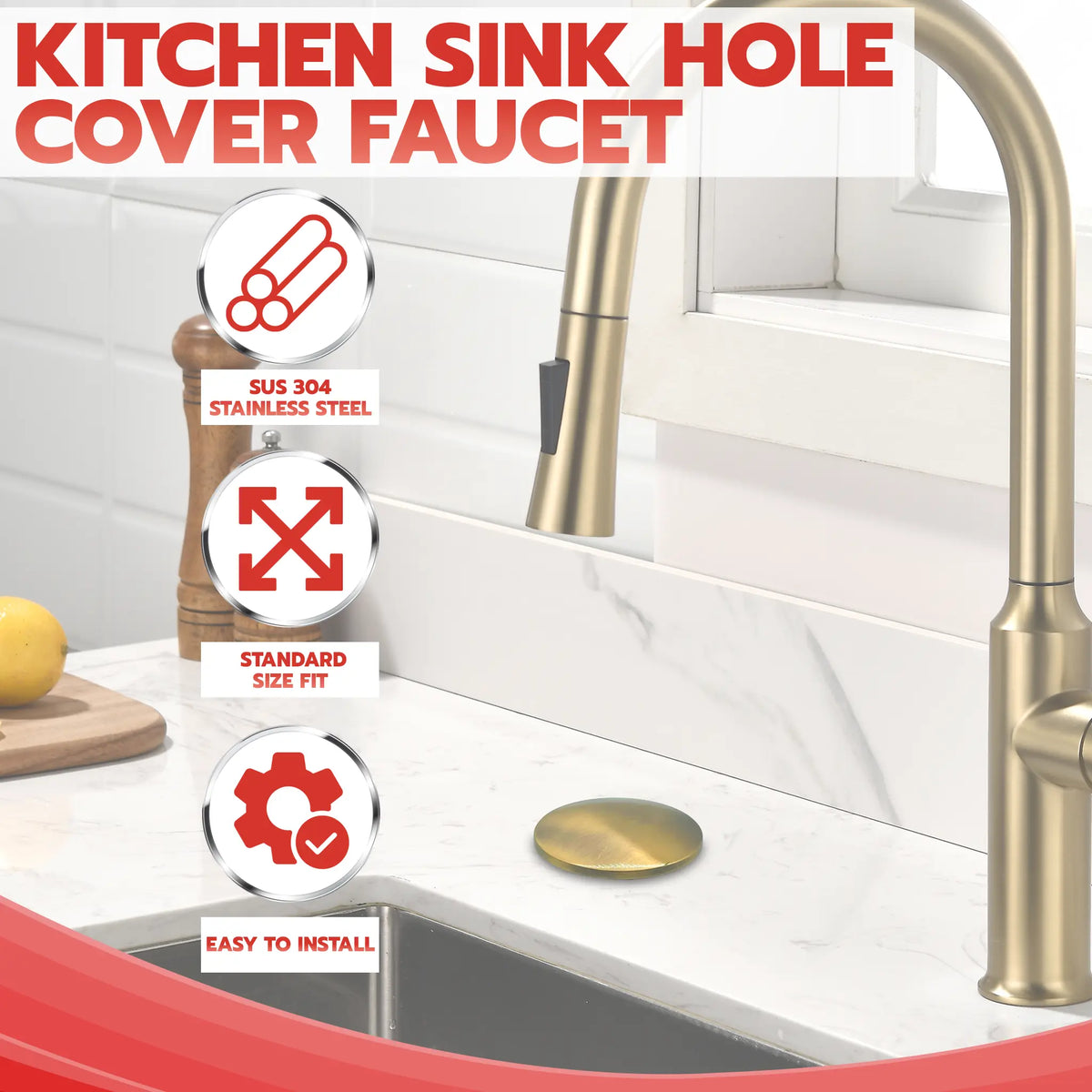 Metpure 2 inch stainless steel kitchen sink faucet hole cover with rubber gasket